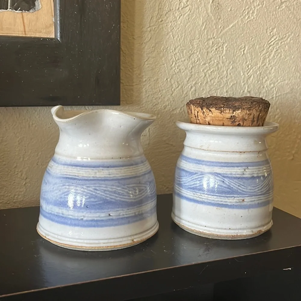 Vintage Studio Art Pottery Set Handthrown Stoneware Blue & White Sugar Creamer